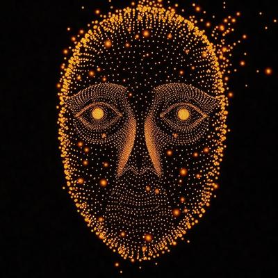 The primary subject of the image is a close-up of a face, possibly a mask or a sculpture, with a pattern of yellow lights surrounding it. The face appears to be the main focus of the image, and the yellow lights create a unique and visually striking atmosphere. The setting or background is a dark space, which further emphasizes the face and the pattern of lights. The visual style of the image is a combination of digital art and illustration, as the face and the yellow lights are both intricately detailed and well-